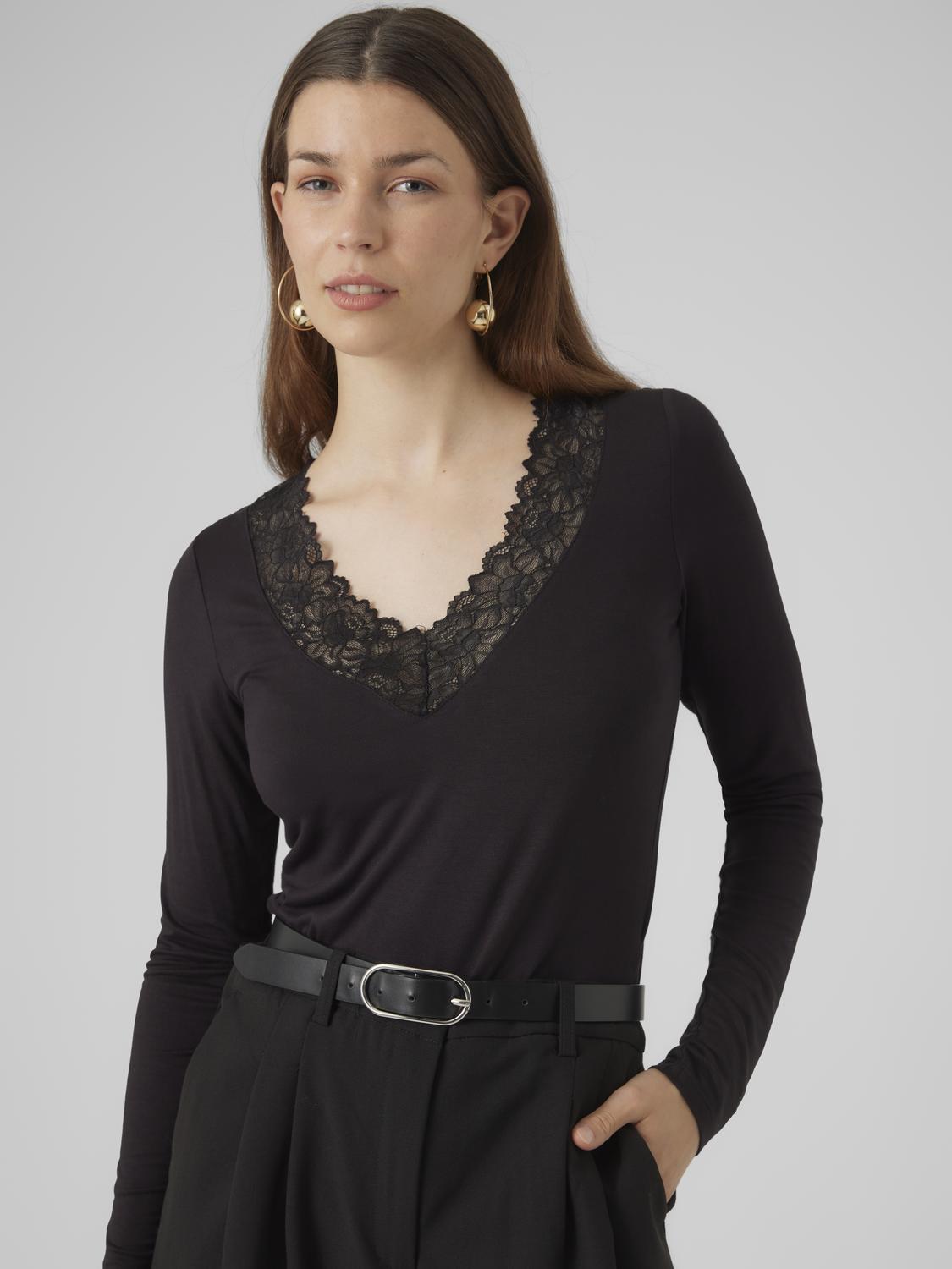 Vmrosa Ls V-neck Lace Top Ga Jrs Noos (Black)