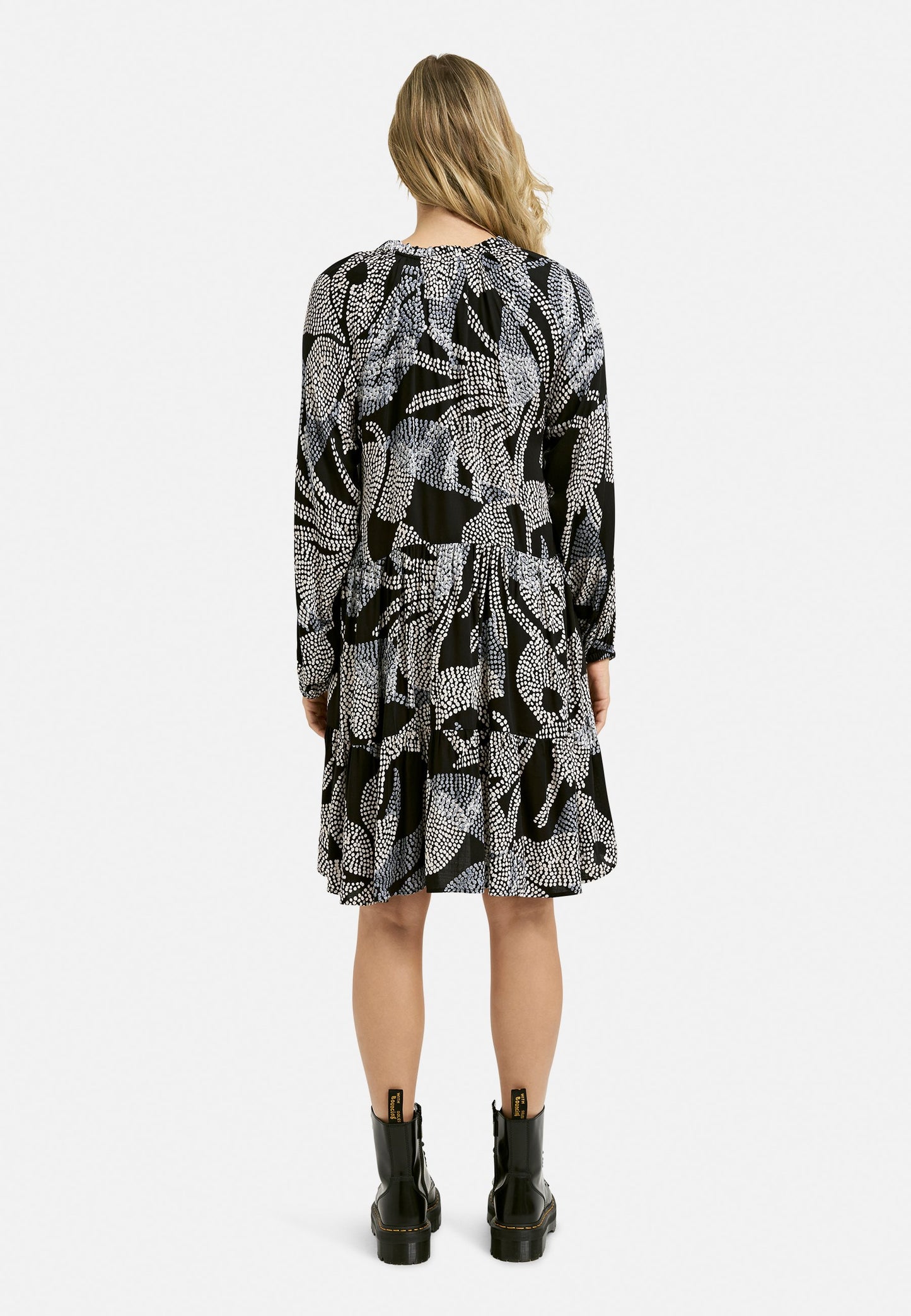 Short Ruffle Neck Volant Dress (Black Print)