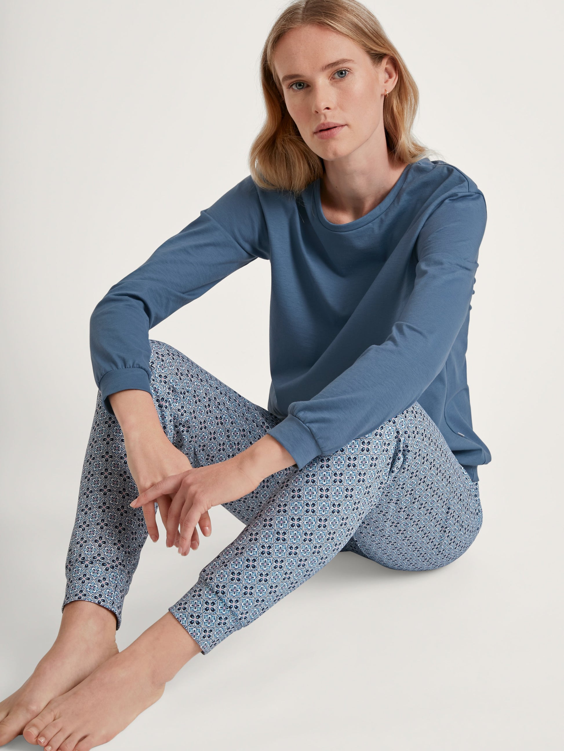 DAMEN Pyjama mit Bündchen (Blue Cotton)