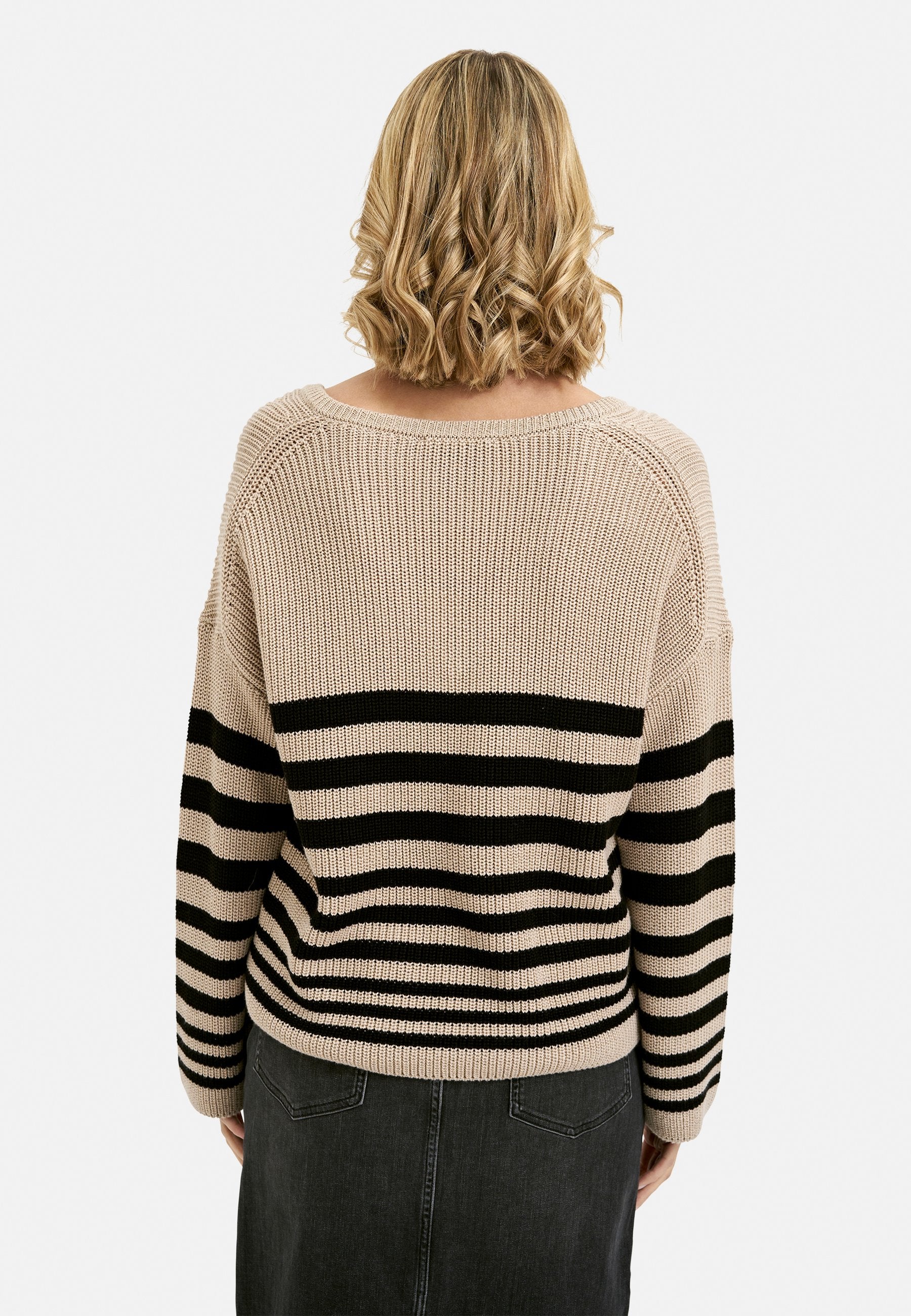 Striped V-neck Pullover (Beige Print)